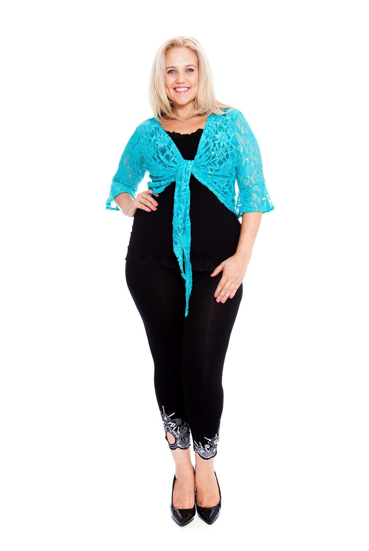 Plus SIze Sequin Lace Tie Up 3/4 Bell Crochet Top Tops WearAll