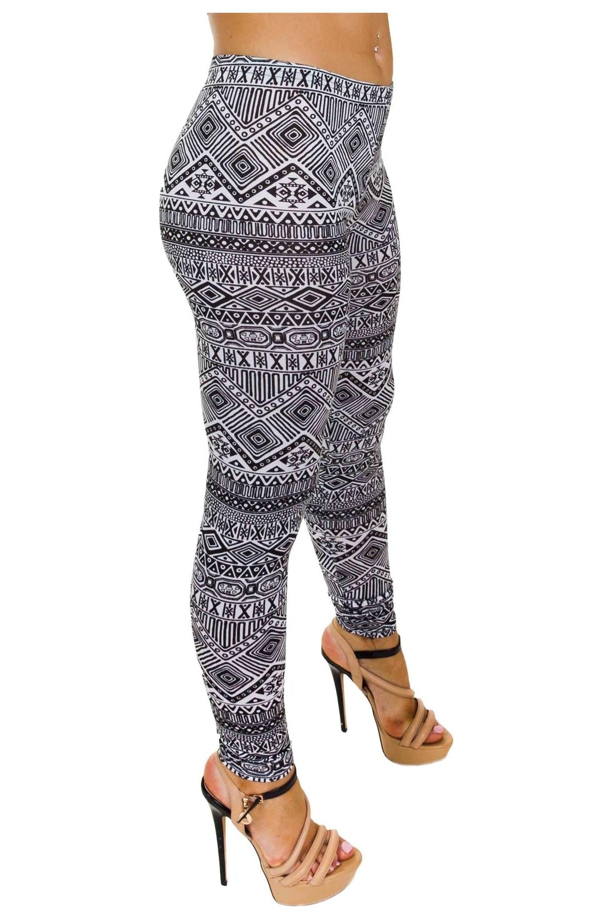 Black White Aztec Small Print Leggings Leggings WearAll