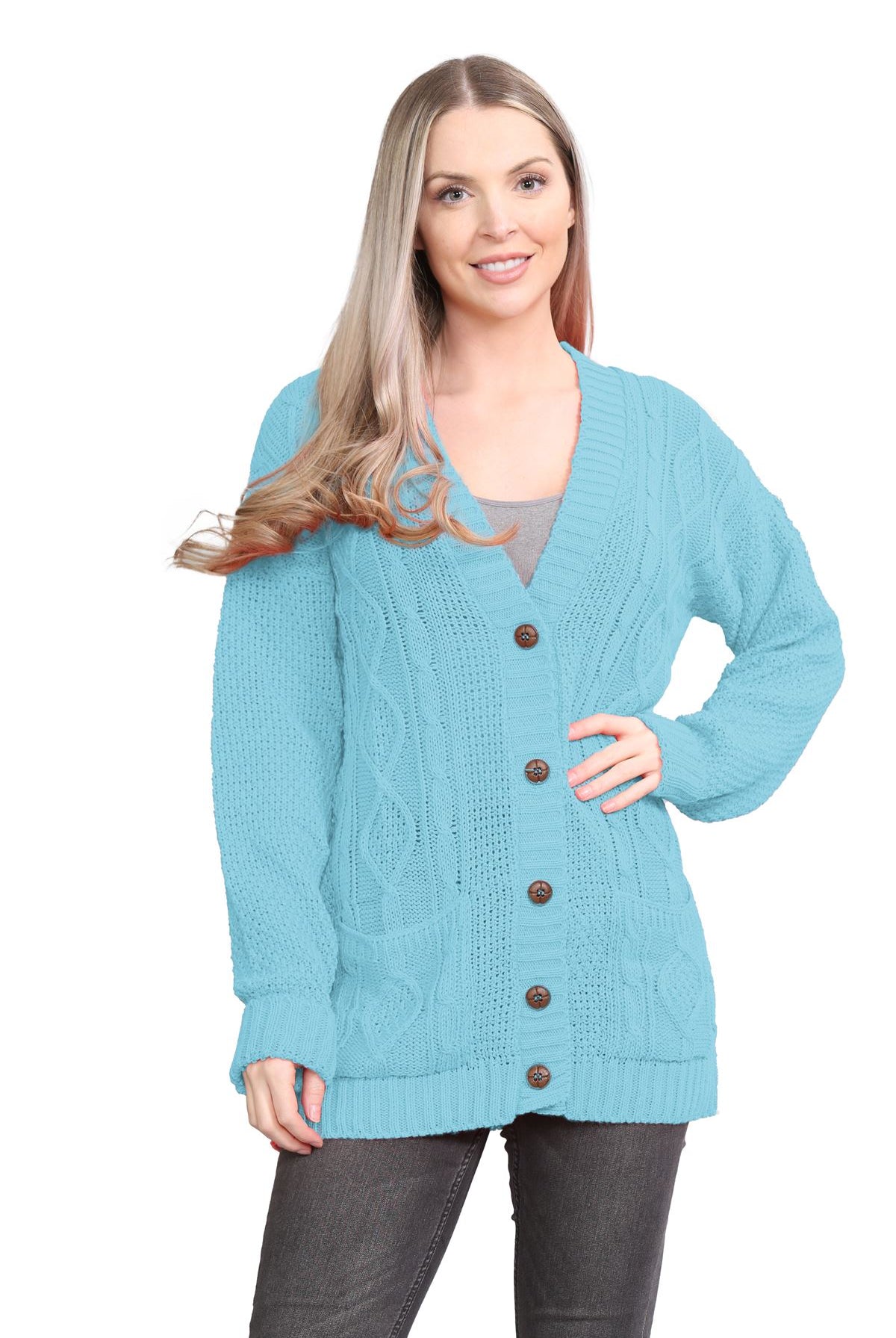Cable Knitted Button Cardigan Knitted Cardigan WearAll Sky Blue 8-10