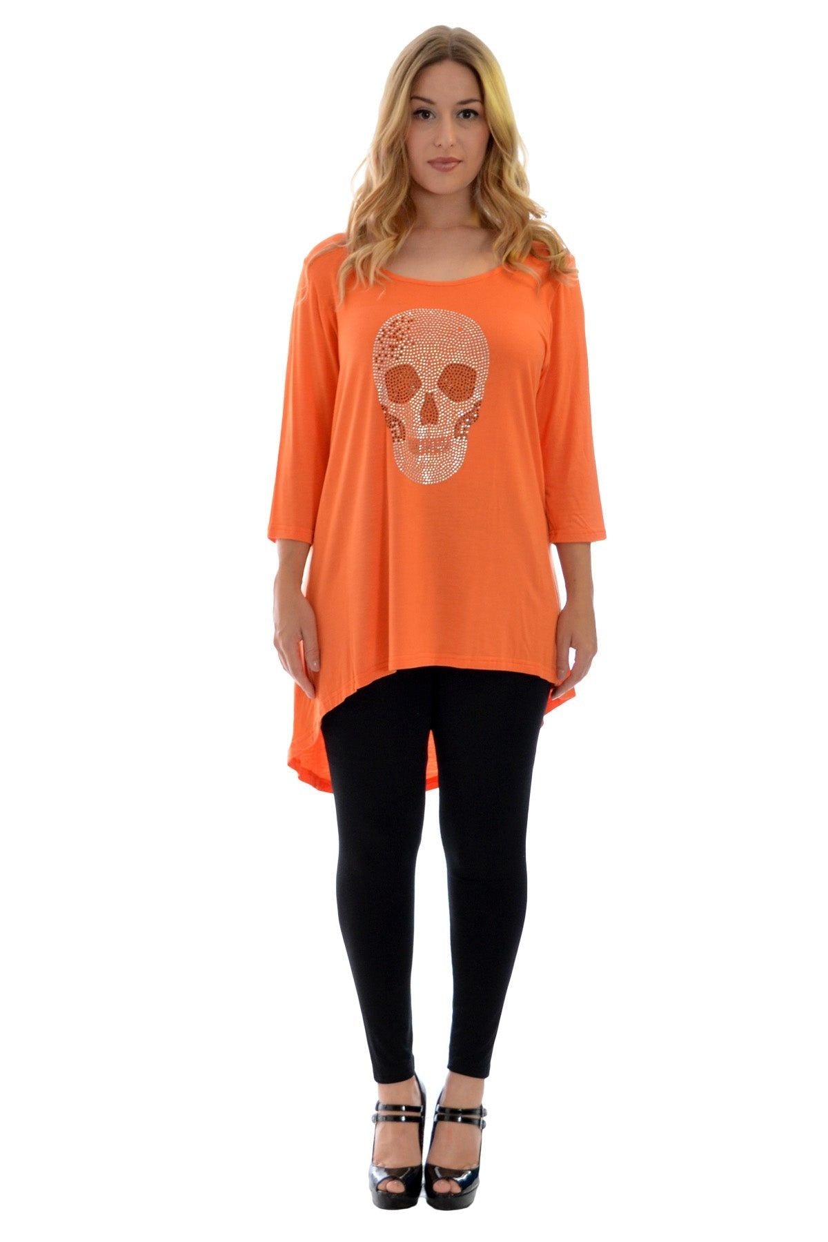 Skull Tail Back Dip Hem Scoop Top Tops WearAll