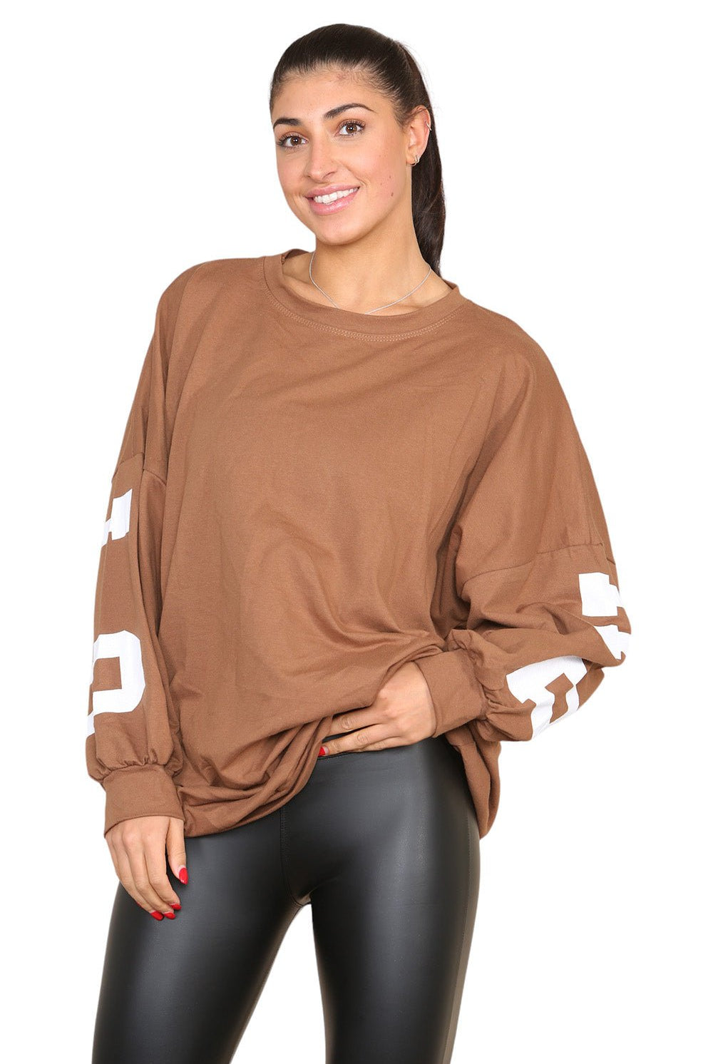 Buffalo Slogan Print Oversized Jumper Dress Dress WearAll Camel One Size UK Fit(10-18)