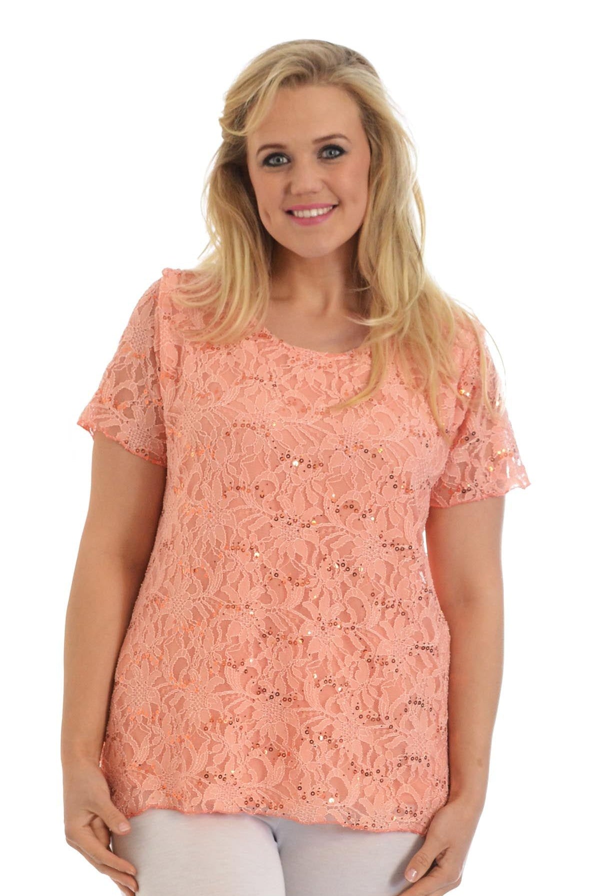 Lace Sequin Lined Top Tops WearAll Coral 12-14