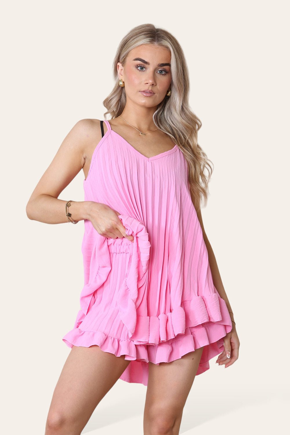 Cami Pleated Frill Hem Top & Matching Frill Shorts Co-Ord Set Co-Ord WearAll