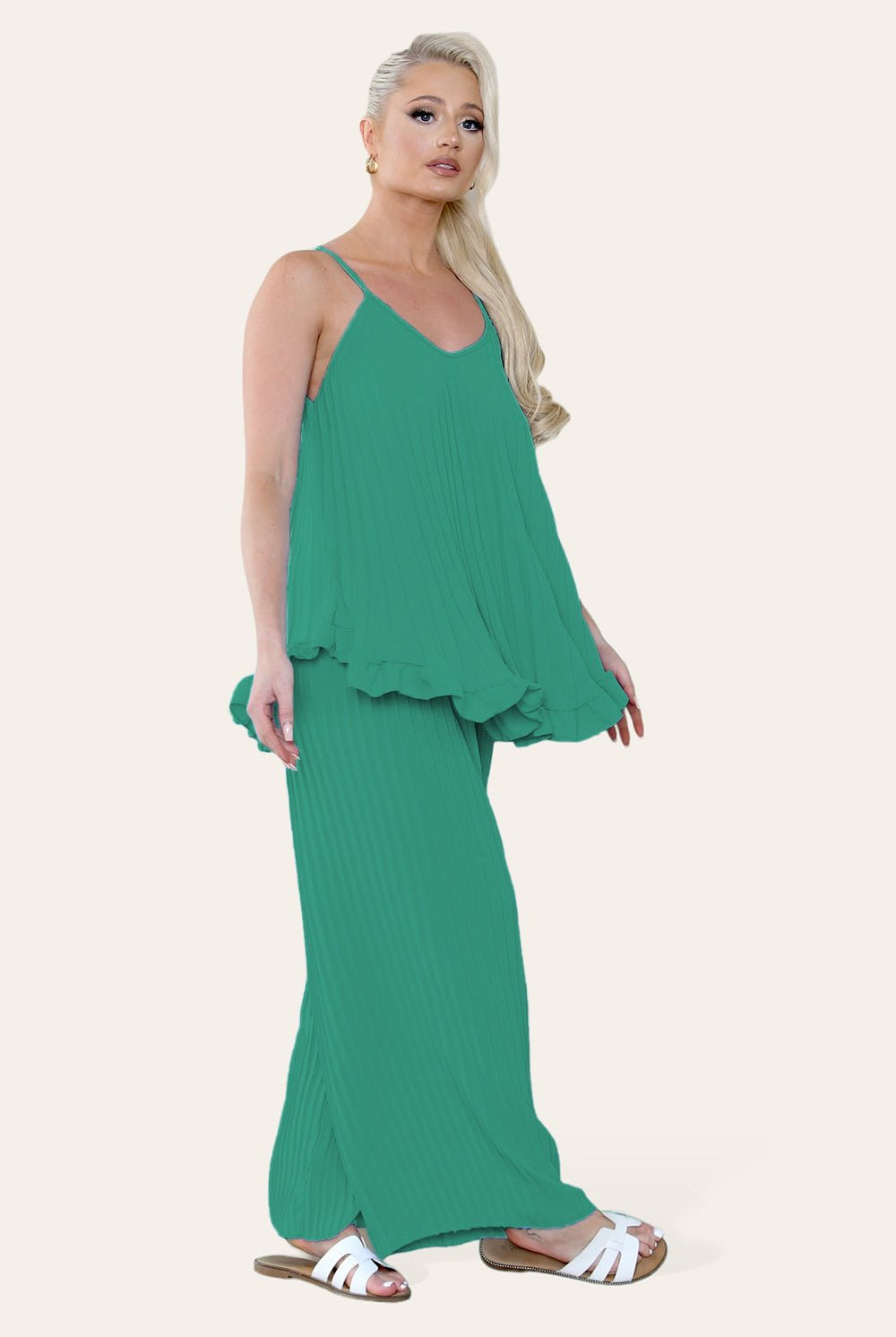 Camy Wild Style Pleated Trousers Set Loungewear WearAll Jade Green One Size UK Fit (8-16)