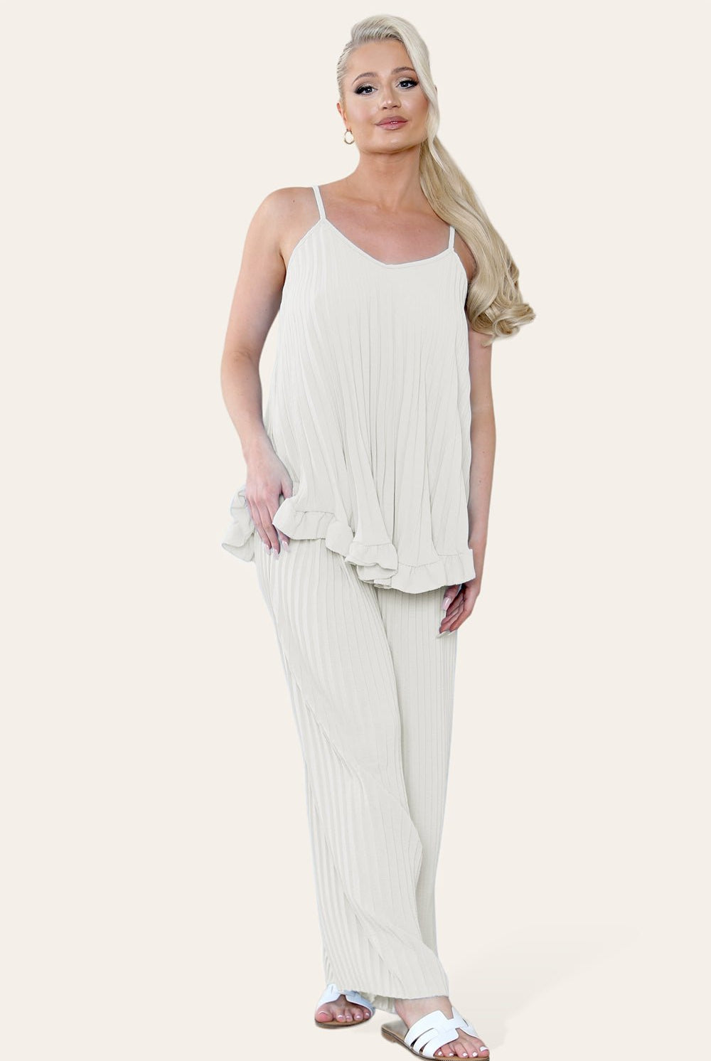 Camy Wild Style Pleated Trousers Set Loungewear WearAll Cream One Size UK Fit (8-16)