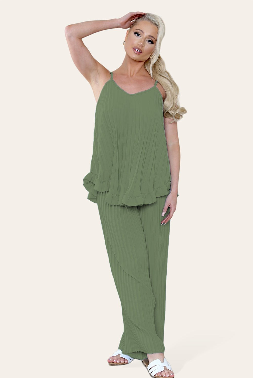 Camy Wild Style Pleated Trousers Set Loungewear WearAll Khaki One Size UK Fit (8-16)