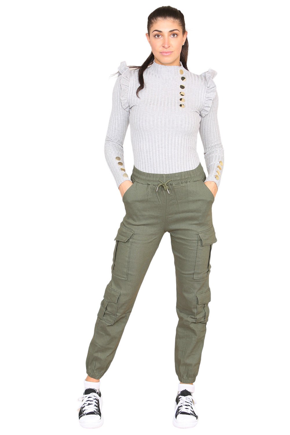 Cargo Pockets Pants Women High Waist Cropped Slim Fit Trouser Trouser WearAll Khaki S/M