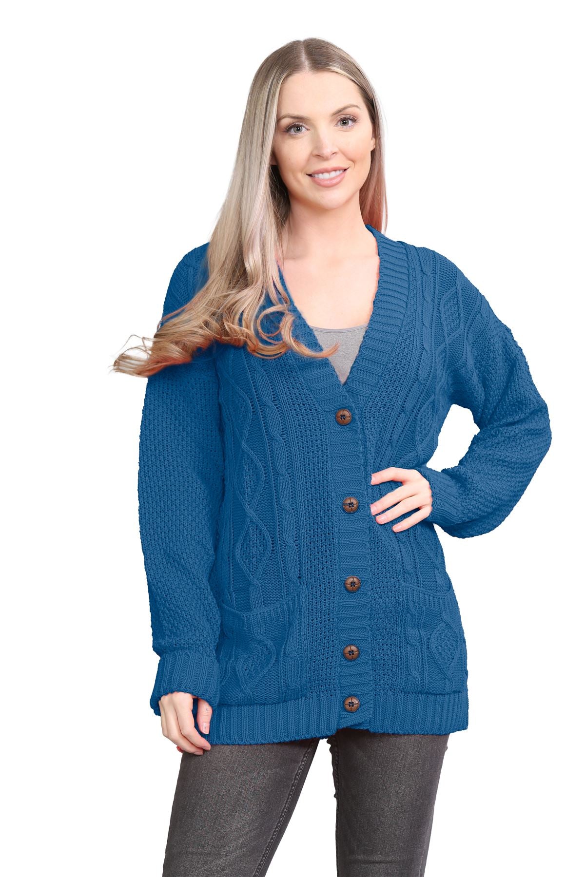 Plus Size Cable Knitted Button Cardigan Knitted Cardigan WearAll Teal 16-18