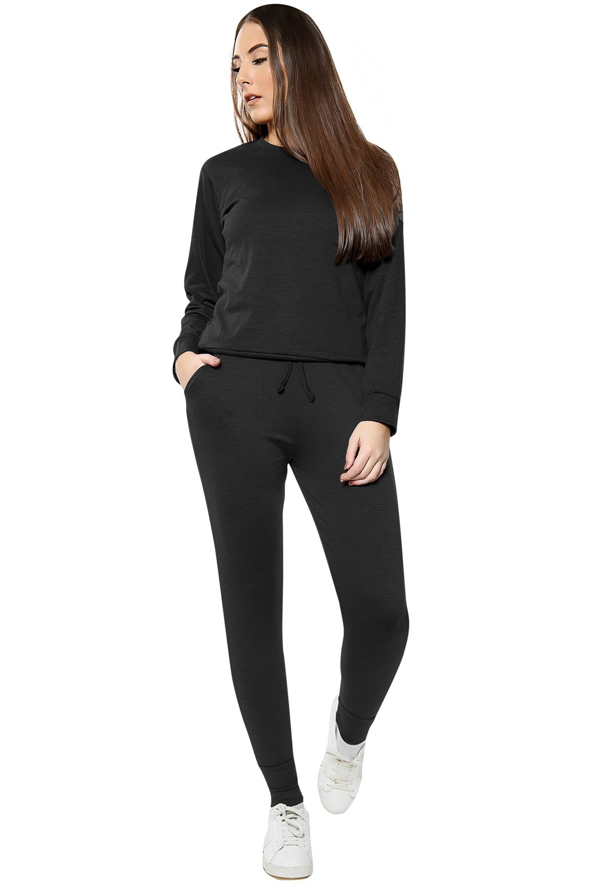 Long Sleeved Plain Lounge Wear Two Piece Loungewear WearAll Black 8-10