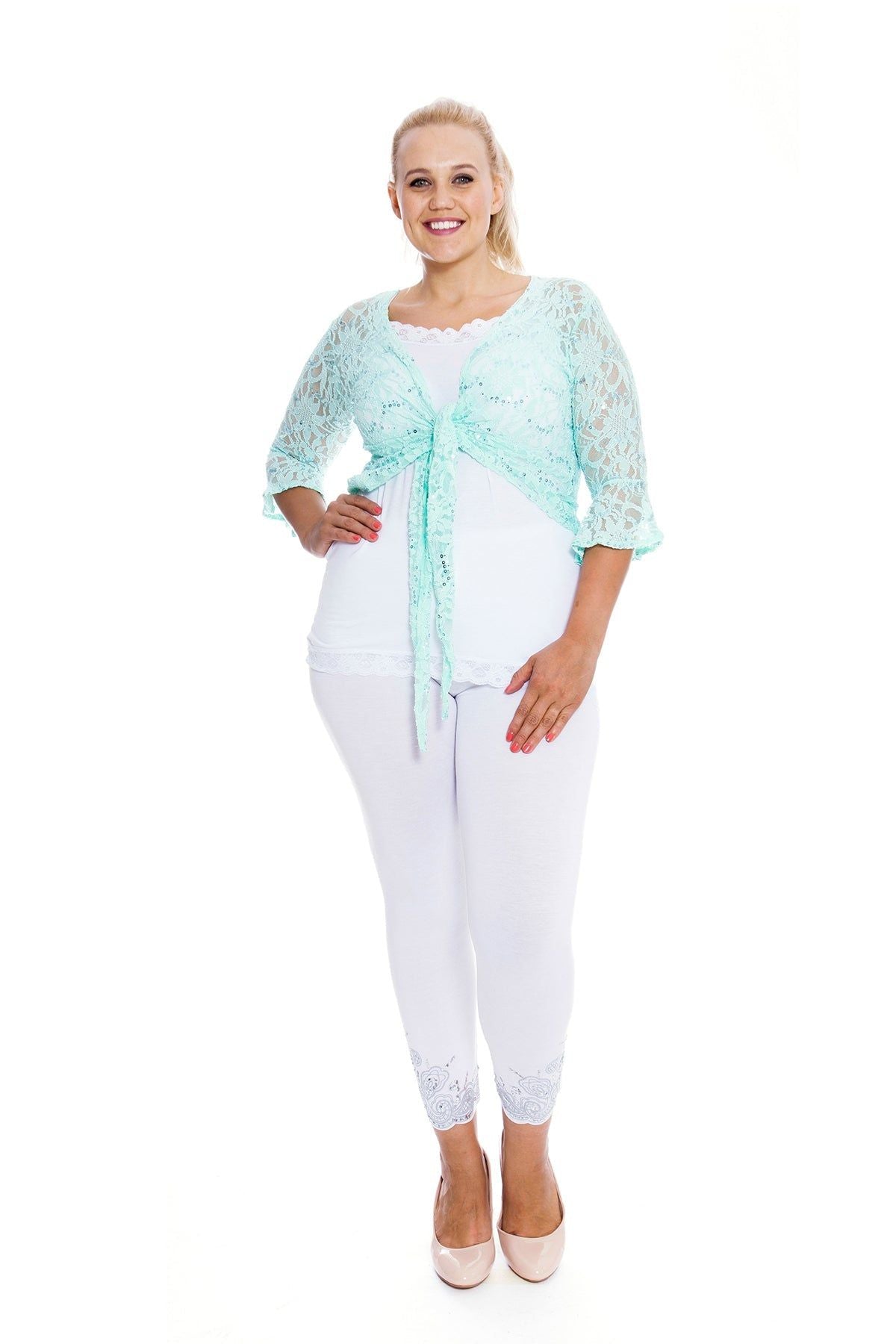 Plus SIze Sequin Lace Tie Up 3/4 Bell Crochet Top Tops WearAll