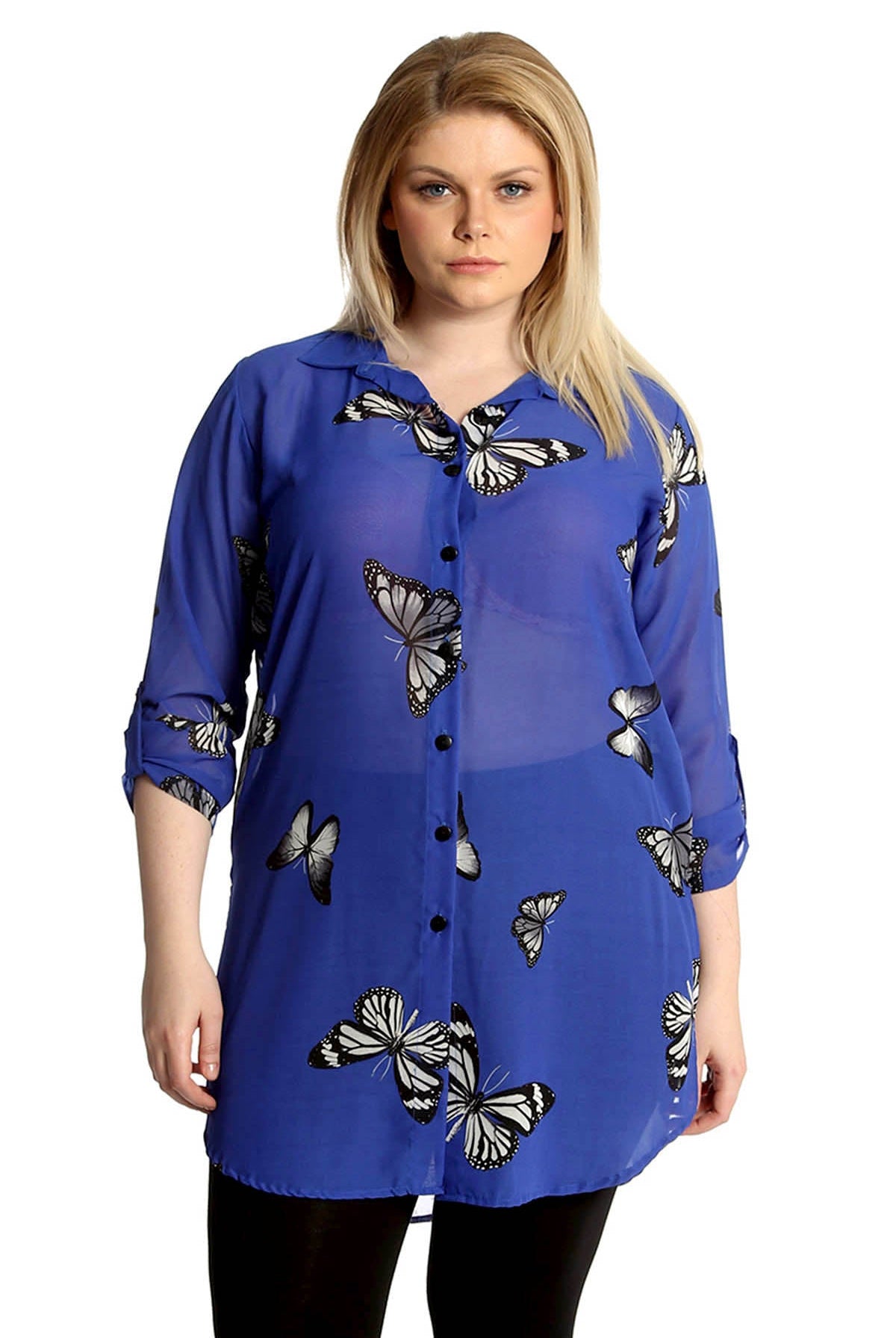 Butterfly Print Side Slit Curved Hem Top Tops WearAll Royal Blue 16