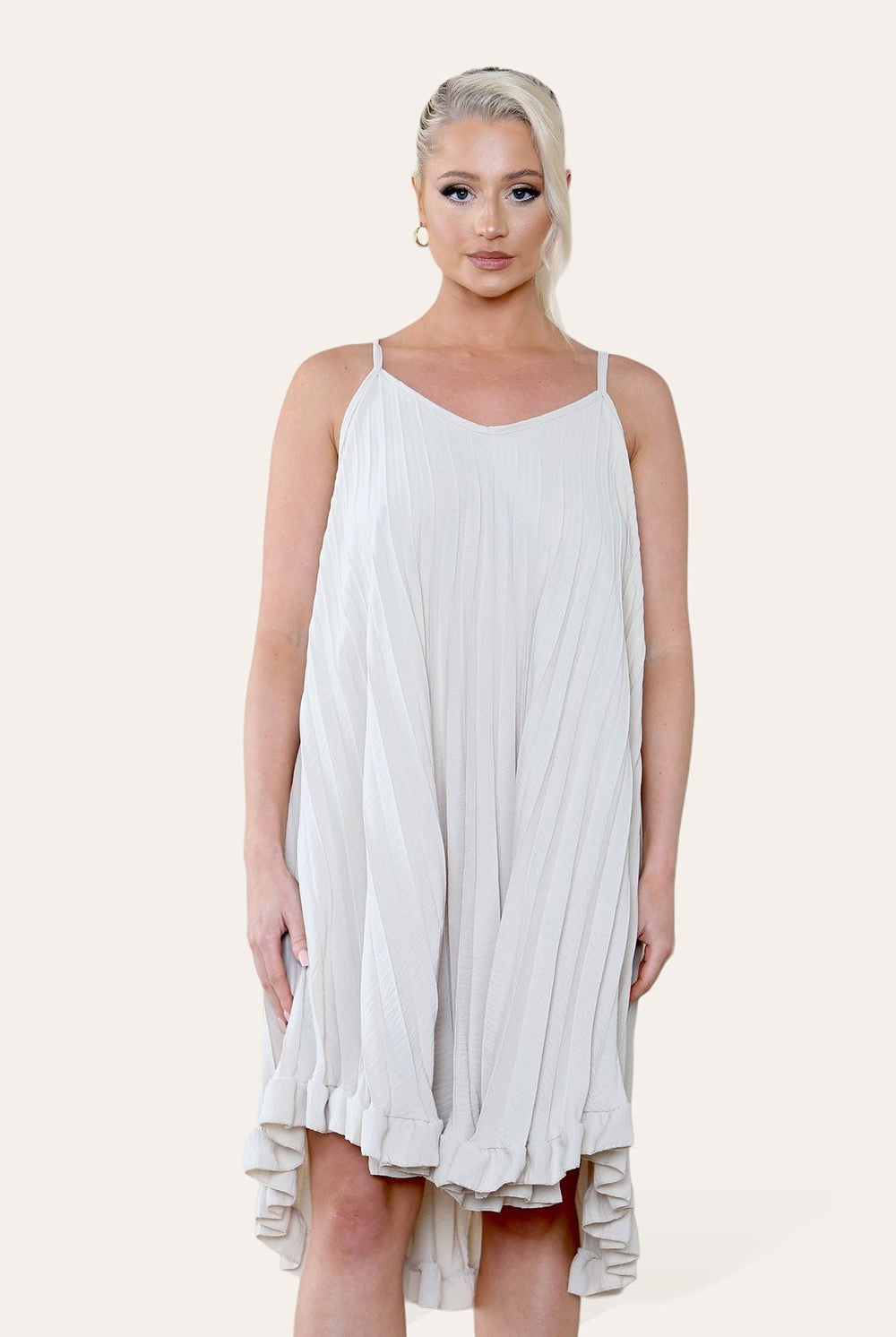 Curve Pleated Ruffle Frilly Spaghetti Strap Dress Dress WearAll Beige One Size UK Fit (8-16)