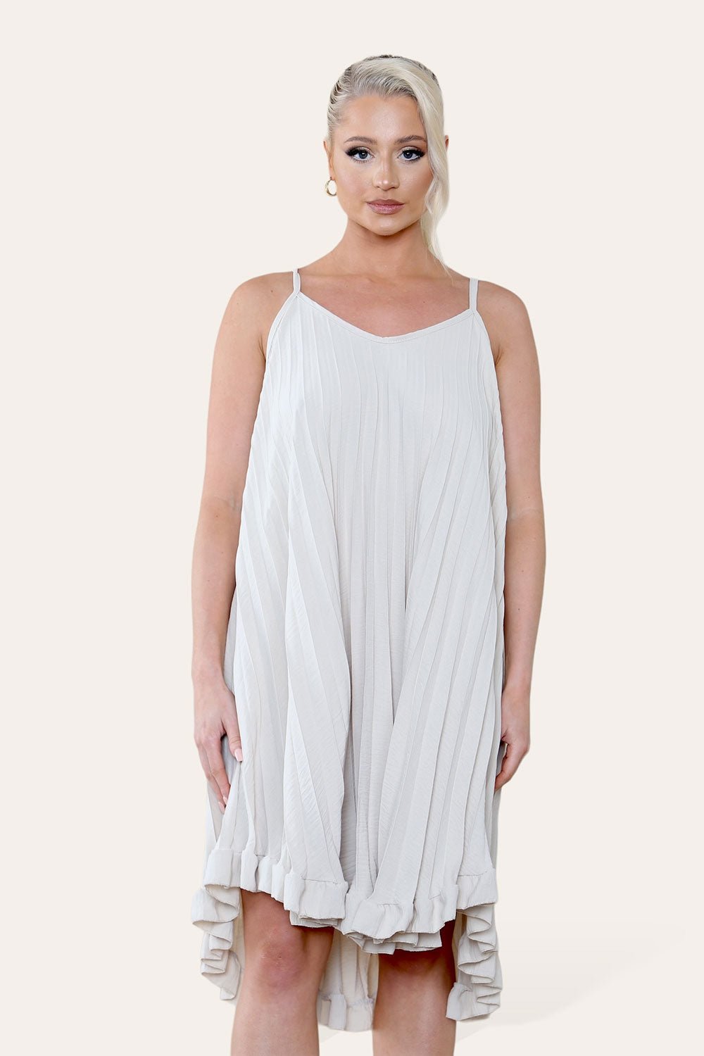 Curve Pleated Ruffle Frilly Spaghetti Strap Dress Dress WearAll Beige One Size UK Fit (8-16)