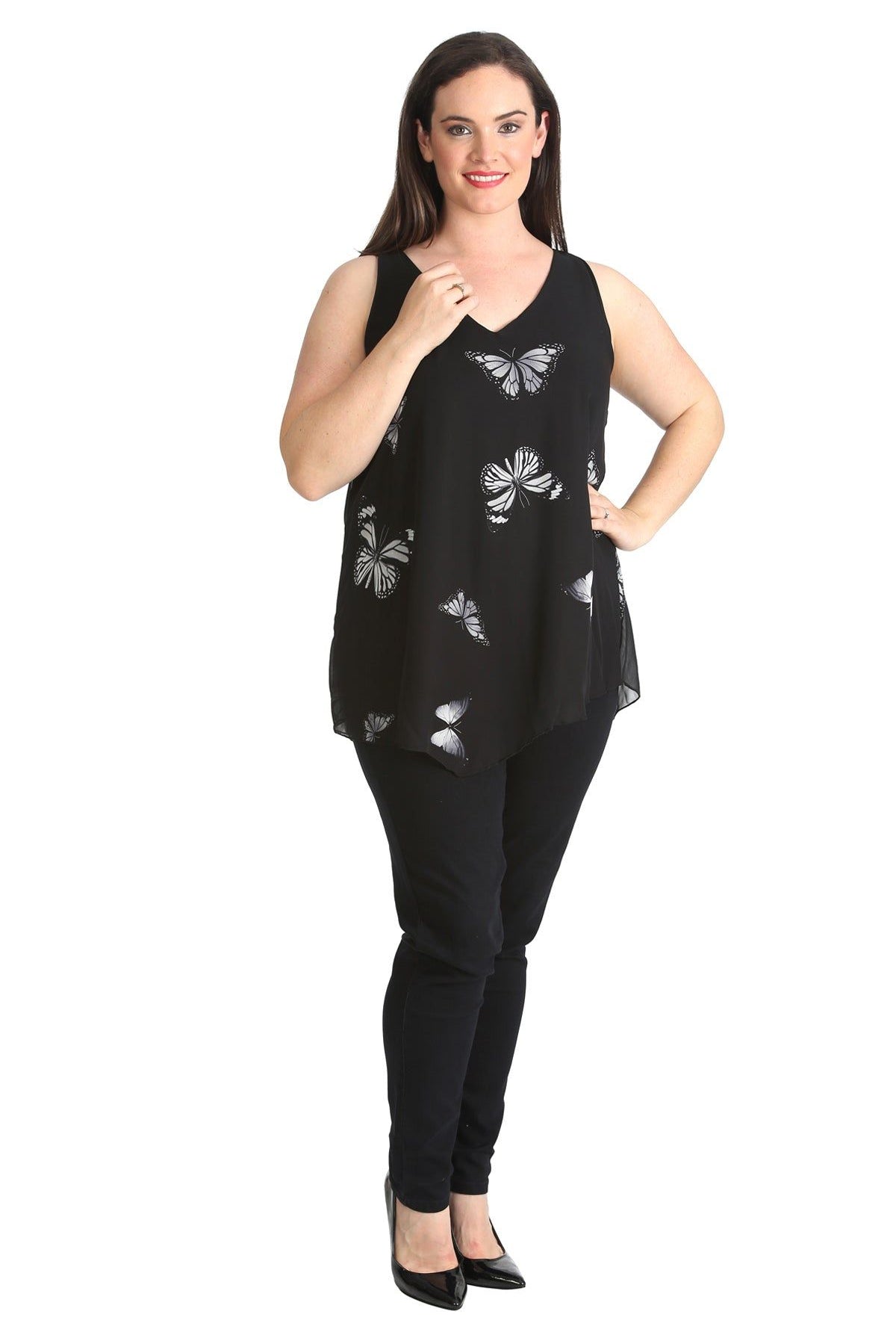 Chiffon Butterfly Print Lined Vest Top Tops WearAll