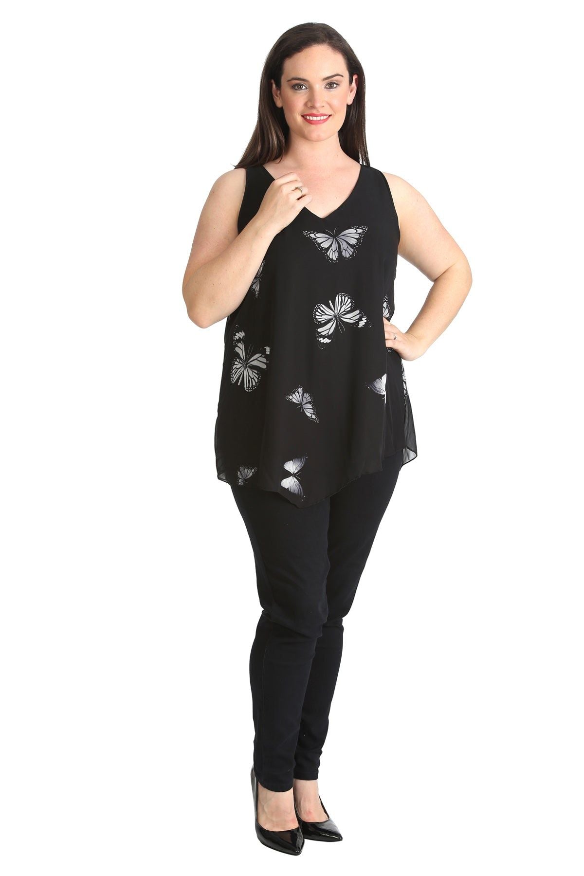 Chiffon Butterfly Print Lined Vest Top Tops WearAll