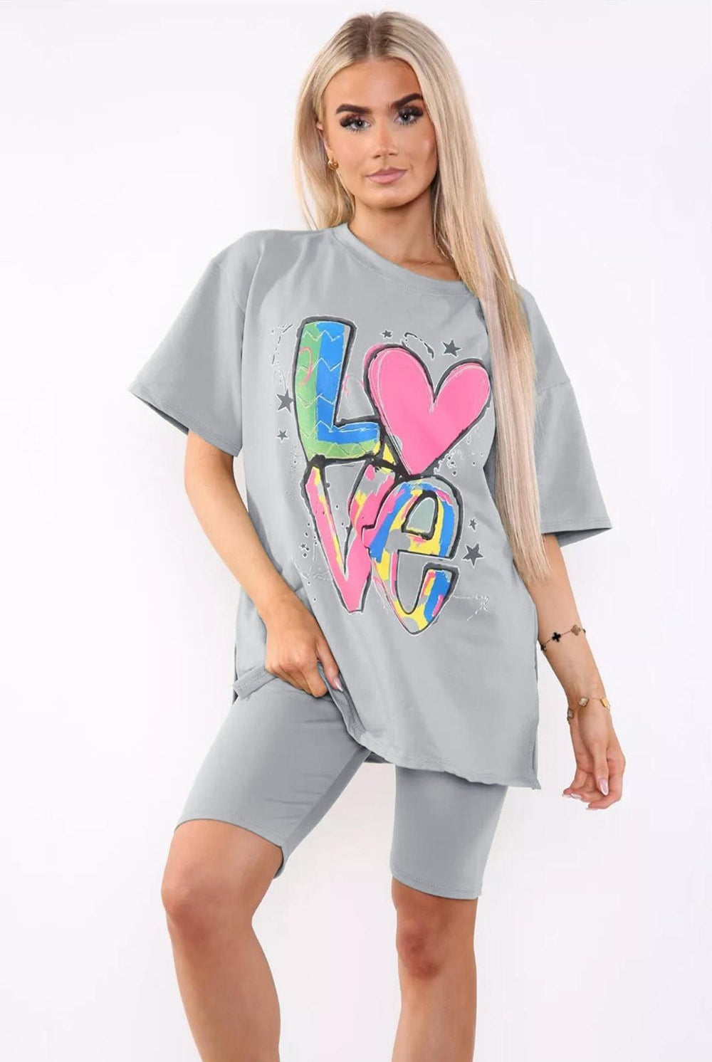 Cycling Shorts and T-Shirts Co-Ords Sets Co-Ord Suit Set WearAll Love Slogan Grey One Size UK Fit (Upto 14)