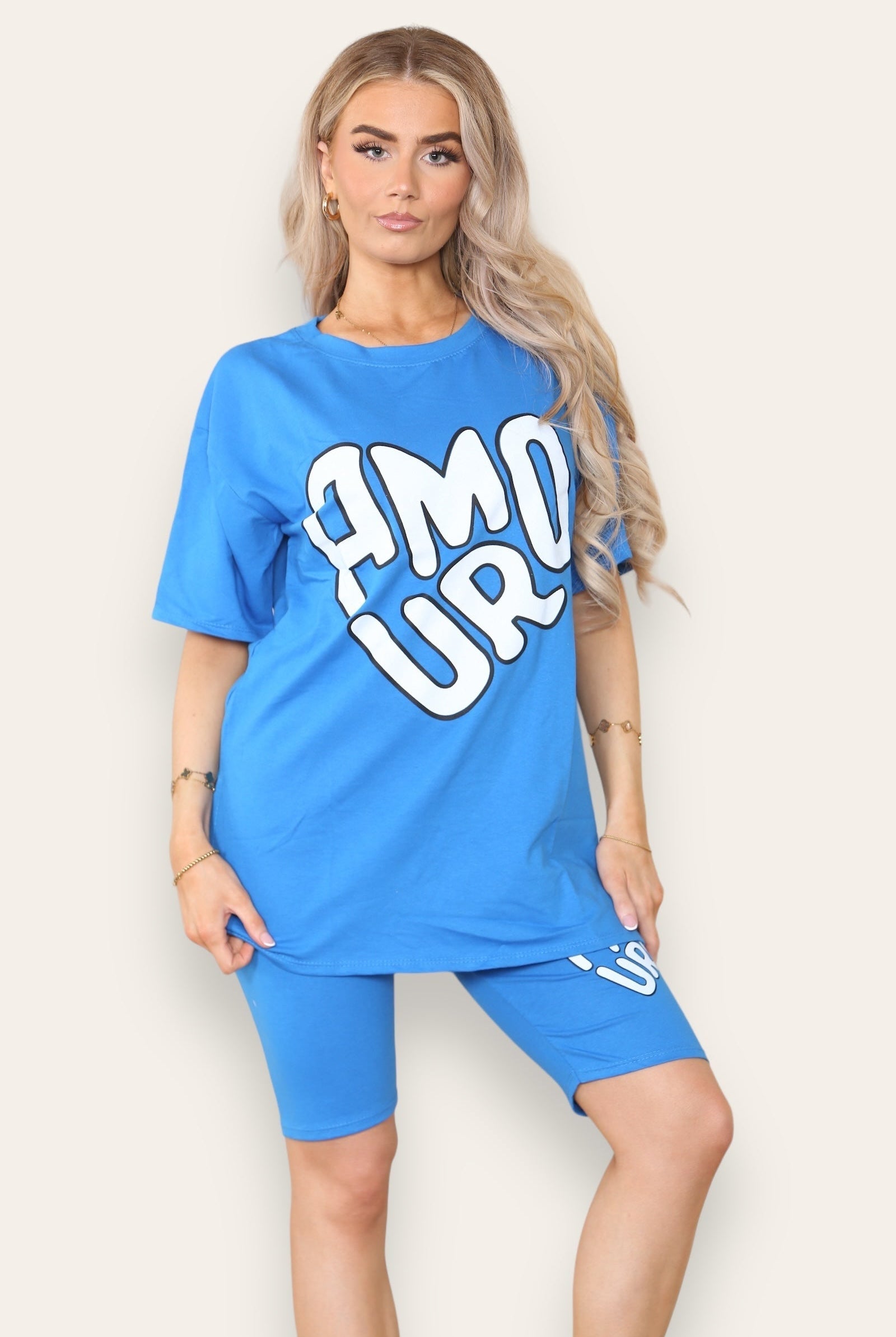 Cycling Shorts and T-Shirts Co-Ords Sets Co-Ord Suit Set WearAll Amour Slogan Royal Blue One Size UK Fit (Upto 14)