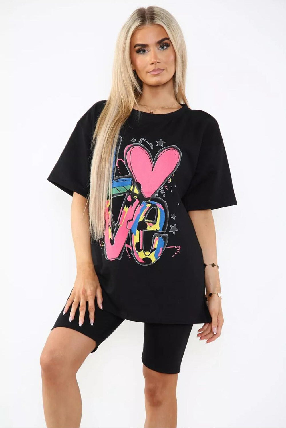 Cycling Shorts and T-Shirts Co-Ords Sets Co-Ord Suit Set WearAll Love Slogan Black One Size UK Fit (Upto 14)