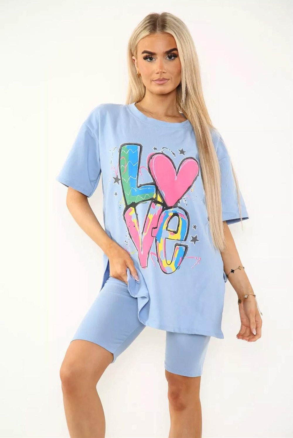 Cycling Shorts and T-Shirts Co-Ords Sets Co-Ord Suit Set WearAll Love Slogan Sky Blue One Size UK Fit (Upto 14)