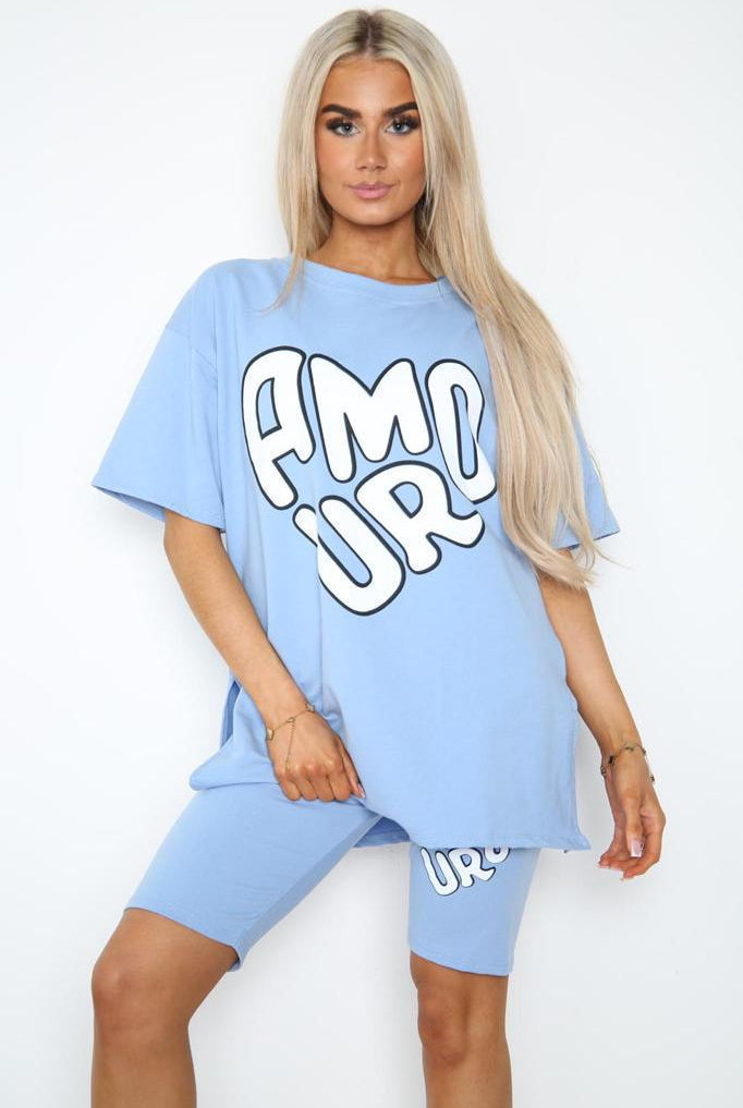 Cycling Shorts and T-Shirts Co-Ords Sets Co-Ord Suit Set WearAll Amour Slogan Sky Blue One Size UK Fit (Upto 14)