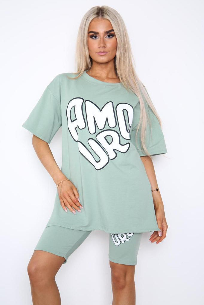 Cycling Shorts and T-Shirts Co-Ords Sets Co-Ord Suit Set WearAll Amour Slogan Sage Green One Size UK Fit (Upto 14)
