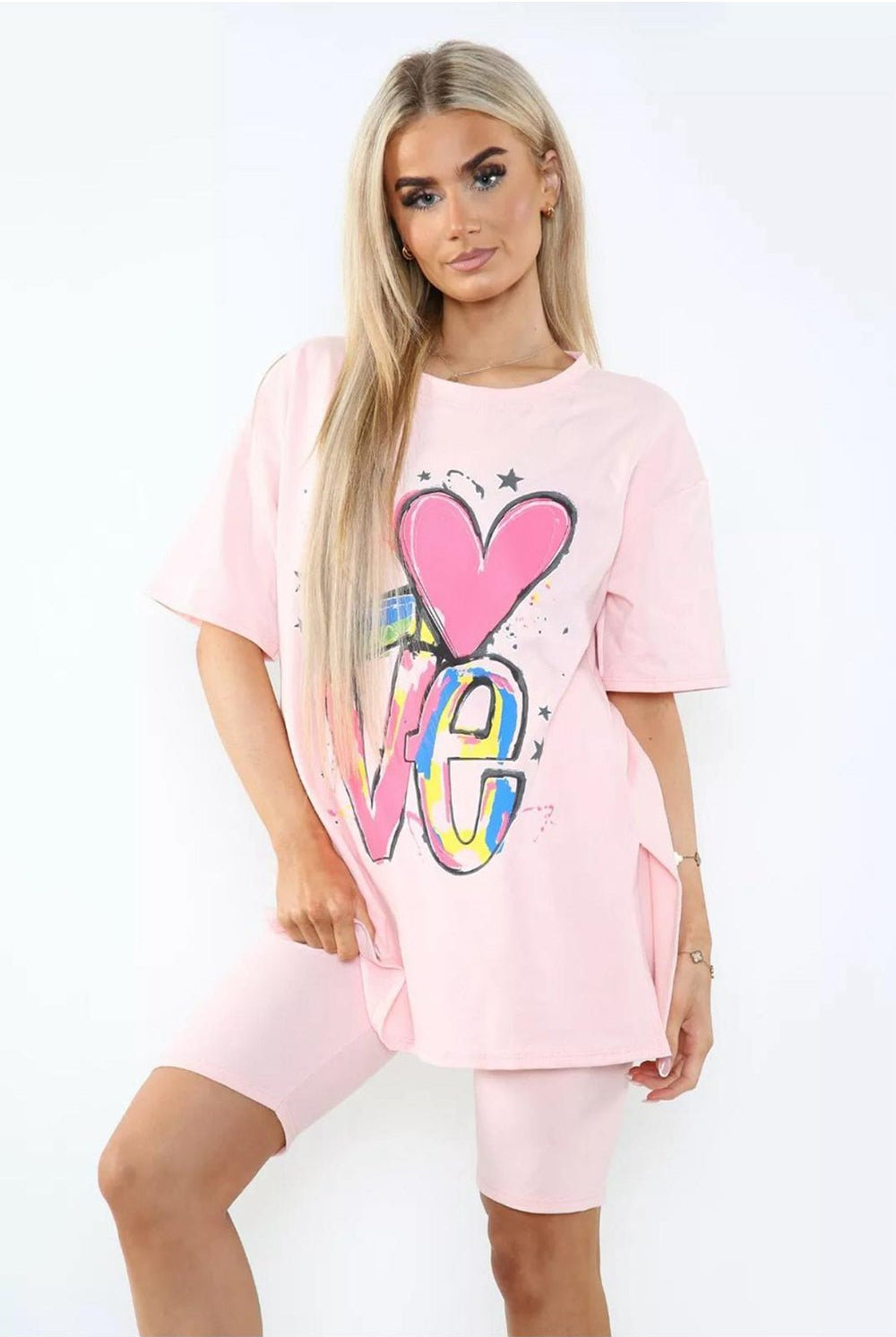 Cycling Shorts and T-Shirts Co-Ords Sets Co-Ord Suit Set WearAll Love Slogan Pink One Size UK Fit (Upto 14)