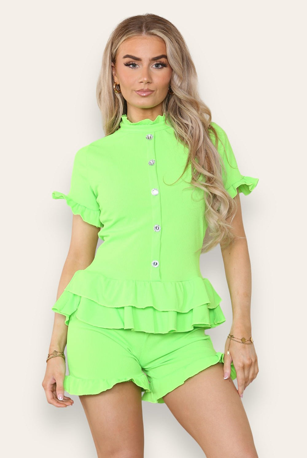 Diamond Frilled Edge Short Co-Ord Set Co-Ord WearAll Neon Green 8-10