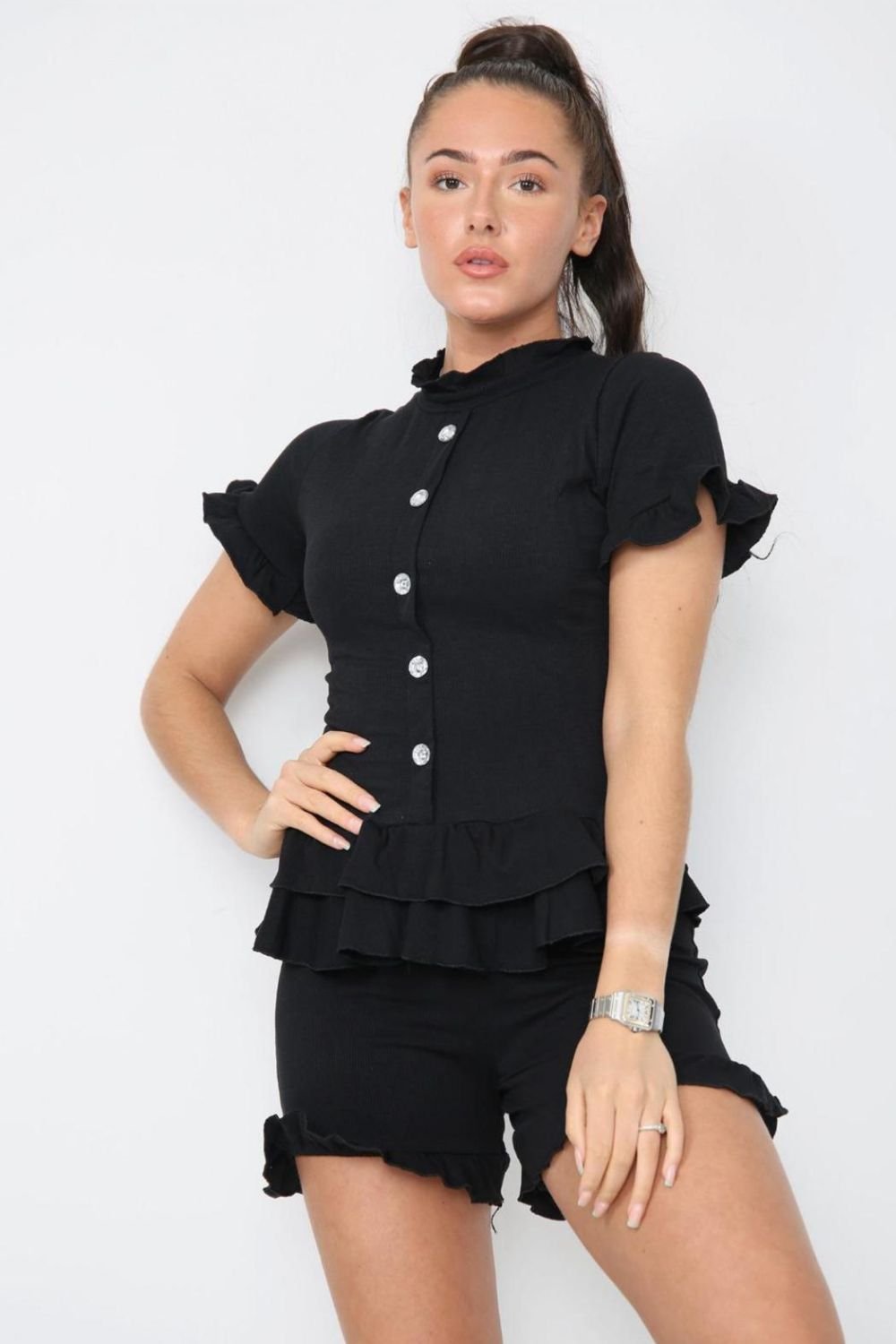 Diamond Frilled Edge Short Co-Ord Set Co-Ord WearAll Black 8-10
