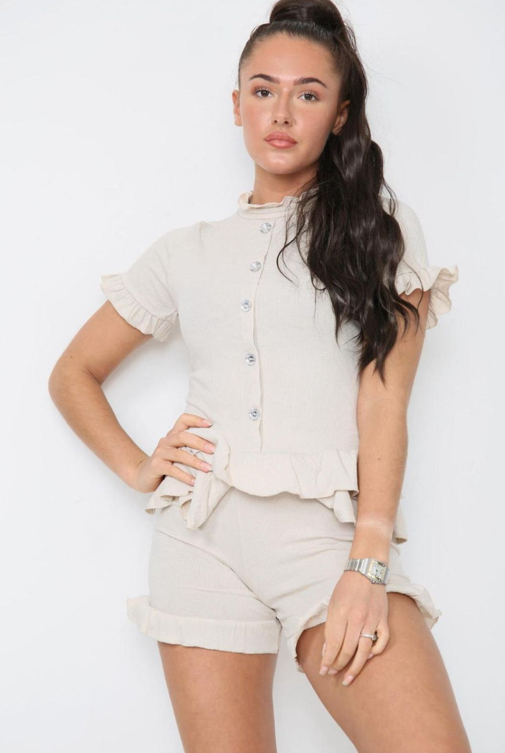 Diamond Frilled Edge Short Co-Ord Set Co-Ord WearAll Beige 8-10