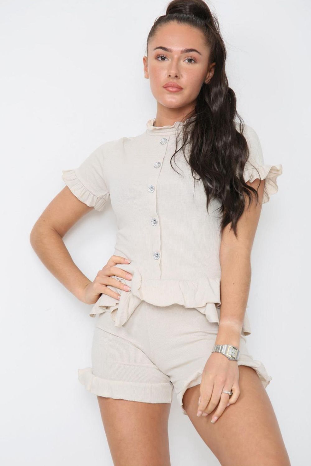 Diamond Frilled Edge Short Co-Ord Set Co-Ord WearAll Beige 8-10