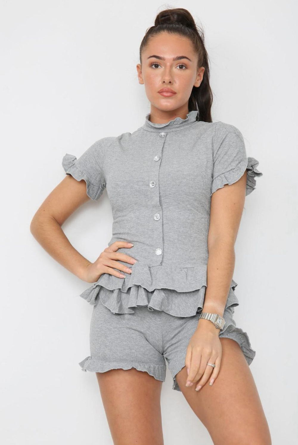 Diamond Frilled Edge Short Co-Ord Set Co-Ord WearAll Grey 8-10