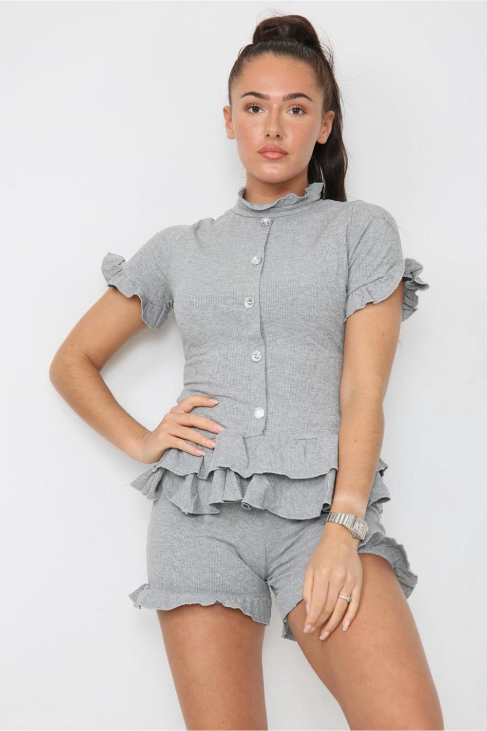Diamond Frilled Edge Short Co-Ord Set Co-Ord WearAll Grey 8-10