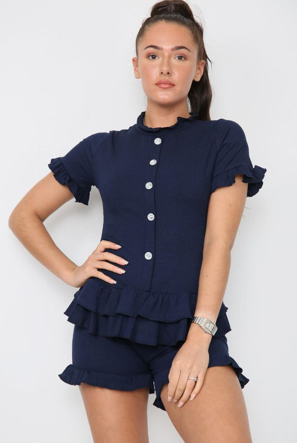 Diamond Frilled Edge Short Co-Ord Set Co-Ord WearAll Navy 8-10