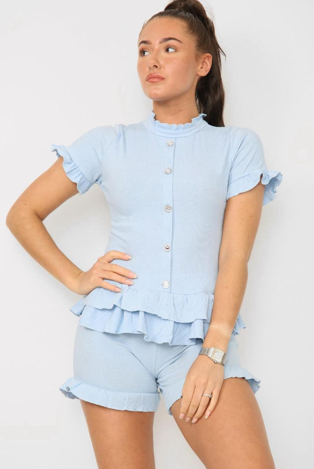Diamond Frilled Edge Short Co-Ord Set Co-Ord WearAll Sky Blue 8-10