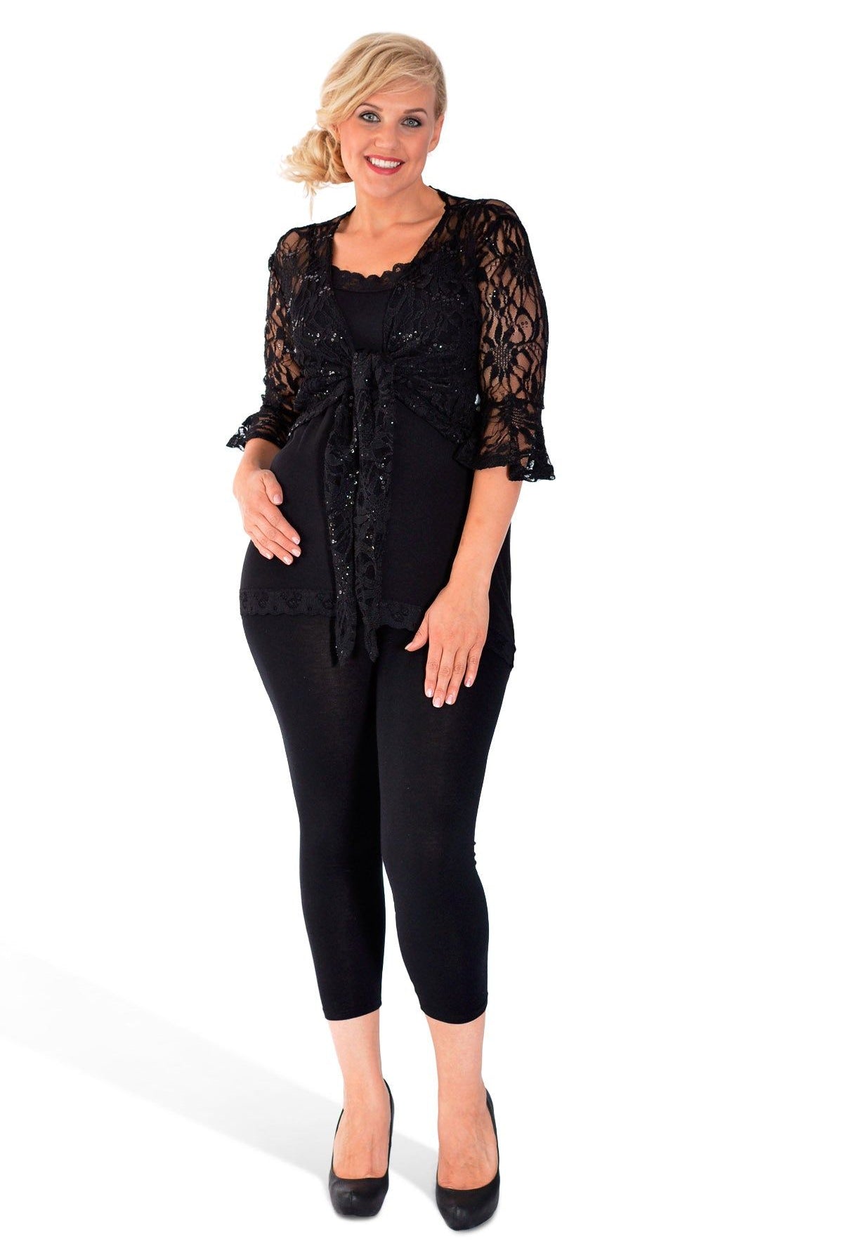 Plus SIze Sequin Lace Tie Up 3/4 Bell Crochet Top Tops WearAll
