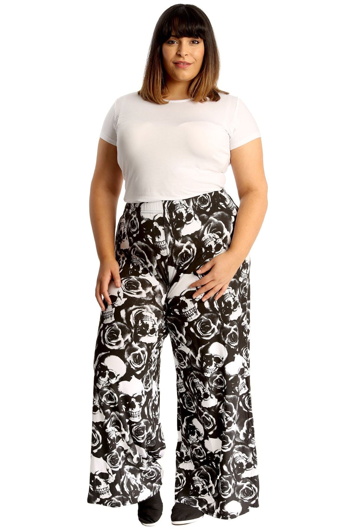 Plus Size Skull Roses Print Palazzo Trouser Palazzo WearAll