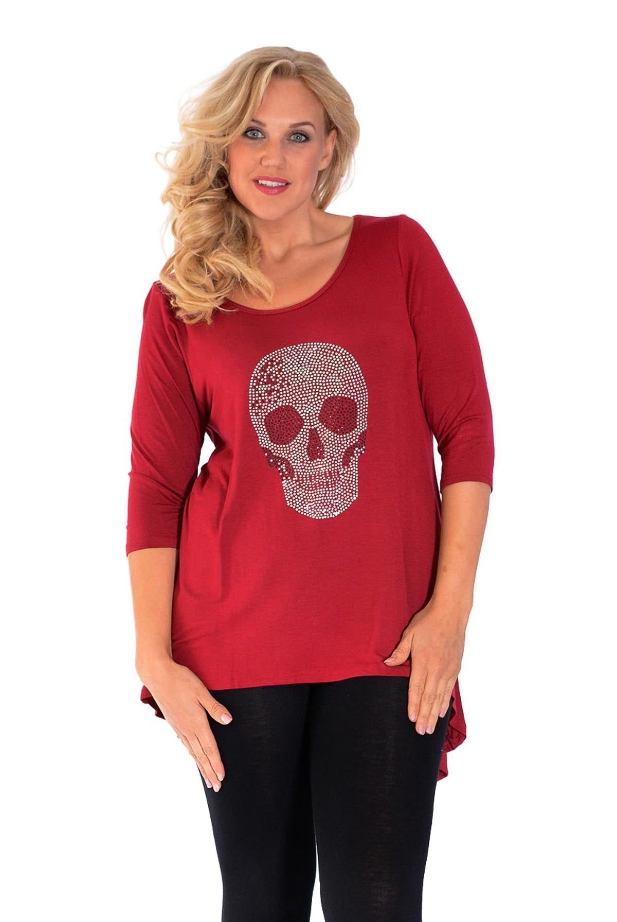 Skull Tail Back Dip Hem Scoop Top Tops WearAll