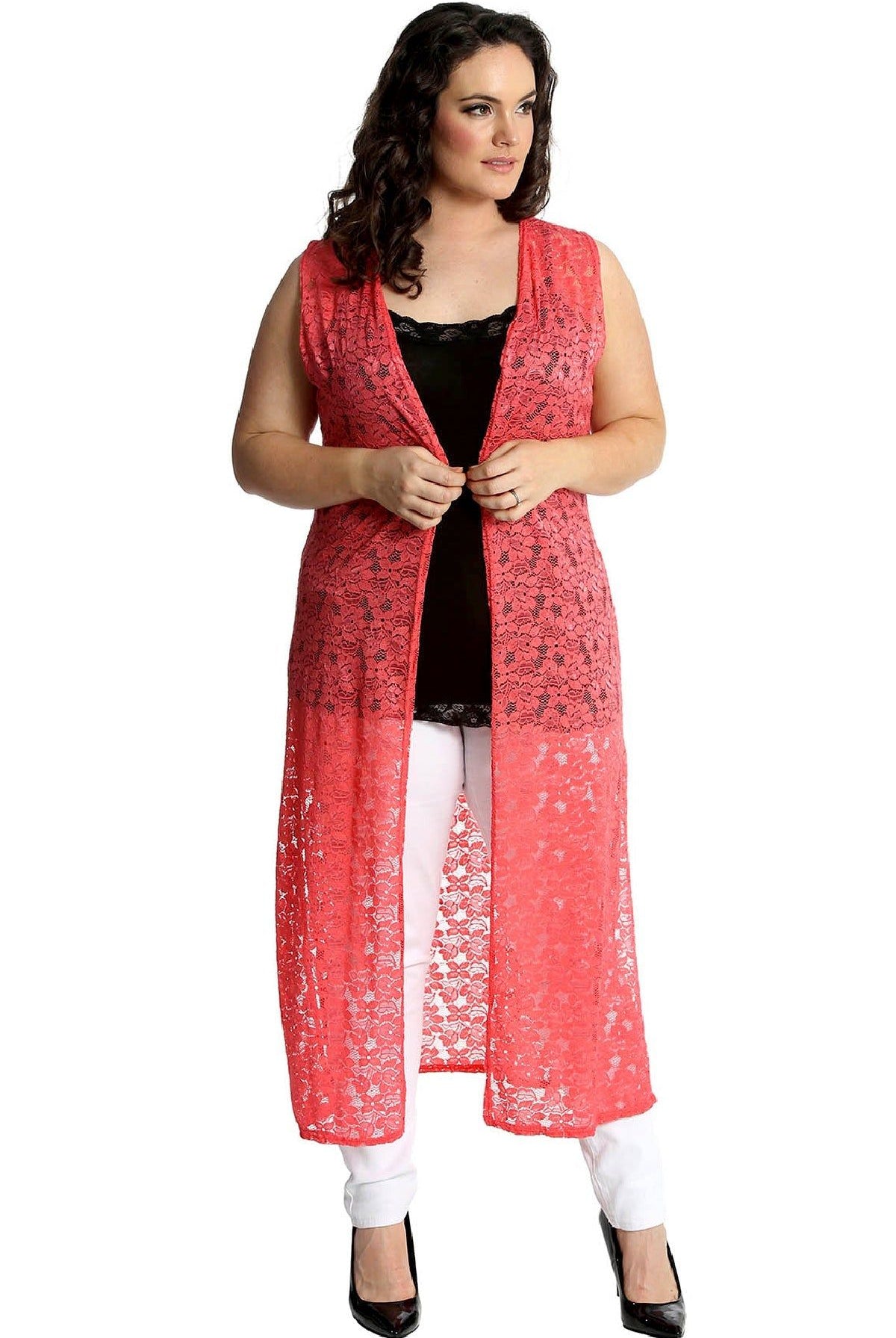 Floral Lace Open Top Long Cardigan Tops WearAll