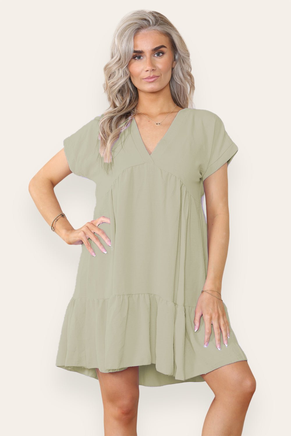 Fancy Style Tiered Smock Dress Dress WearAll Sage Green One Size (upto 14)