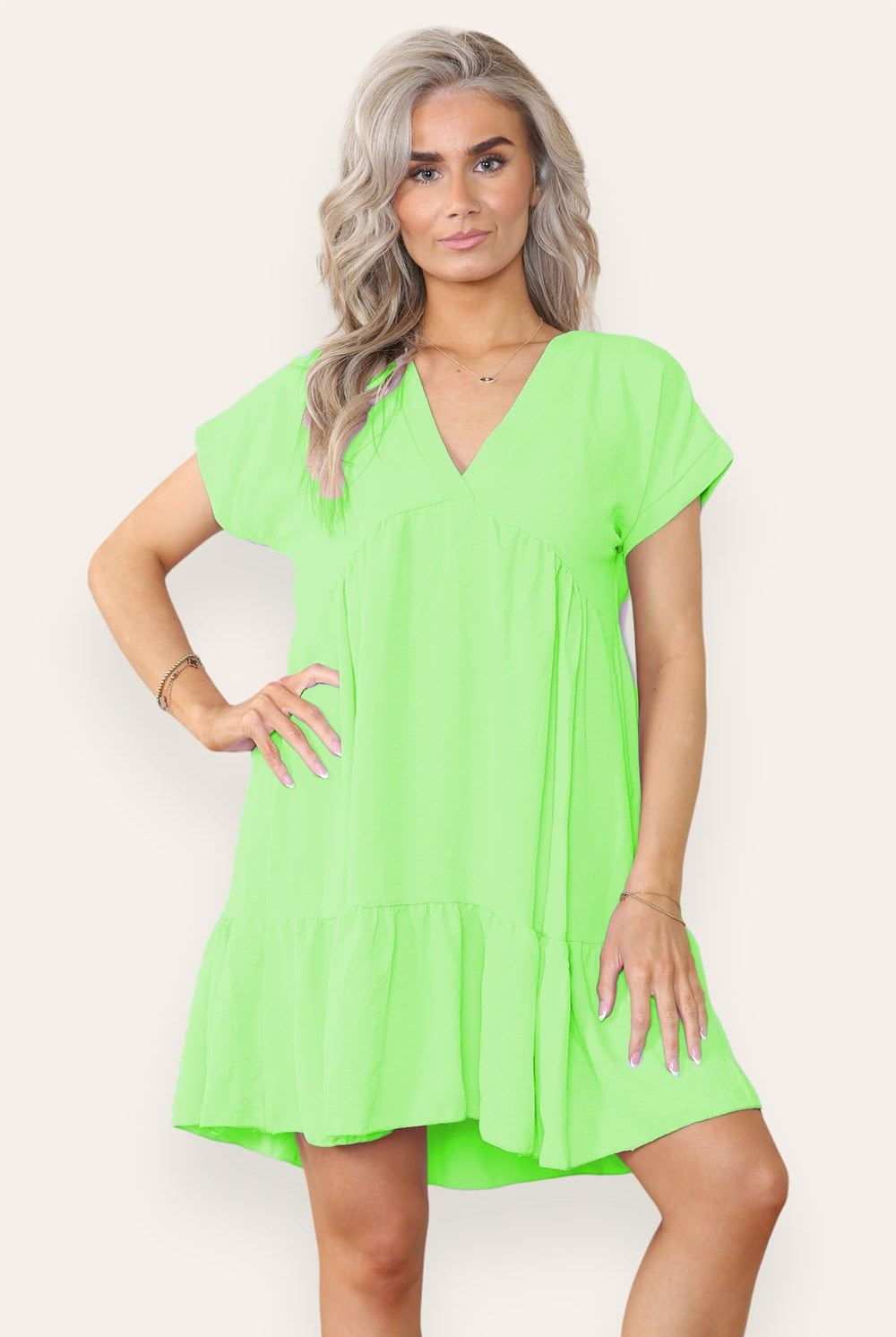 Fancy Style Tiered Smock Dress Dress WearAll Lime Green One Size (upto 14)