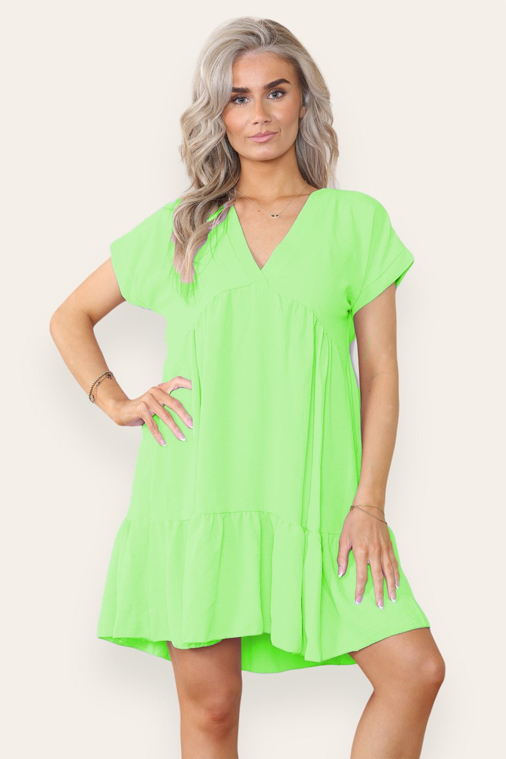 Fancy Style Tiered Smock Dress Dress WearAll Lime Green One Size (upto 14)