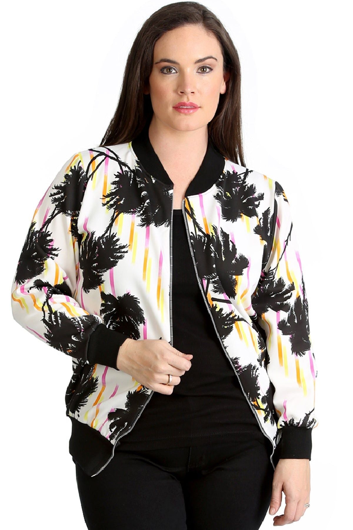 Bomber Jacket Ladies Floral Tropical Print Top Jacket WearAll Black 14