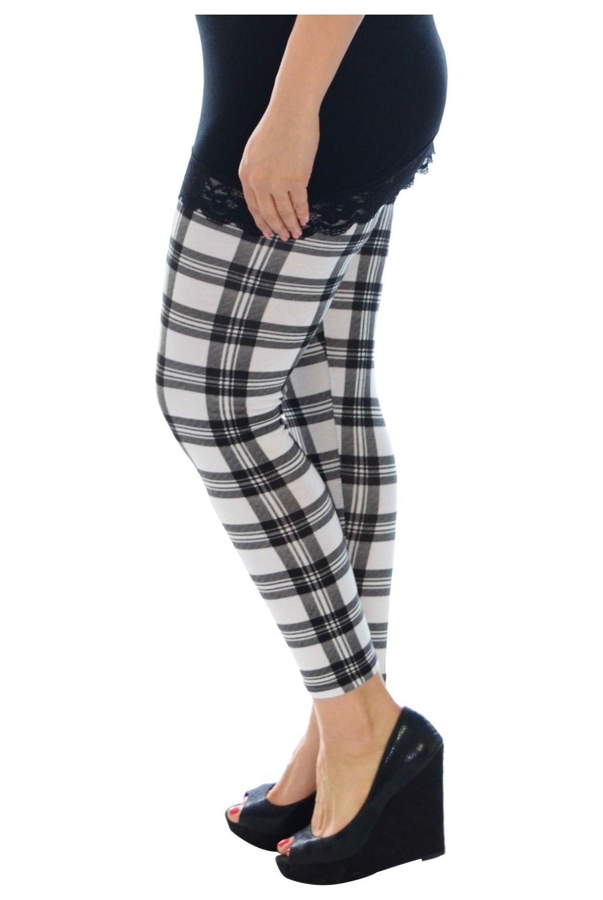 Plus Size Tartan Check Print Long Leggings Leggings WearAll White 16-18