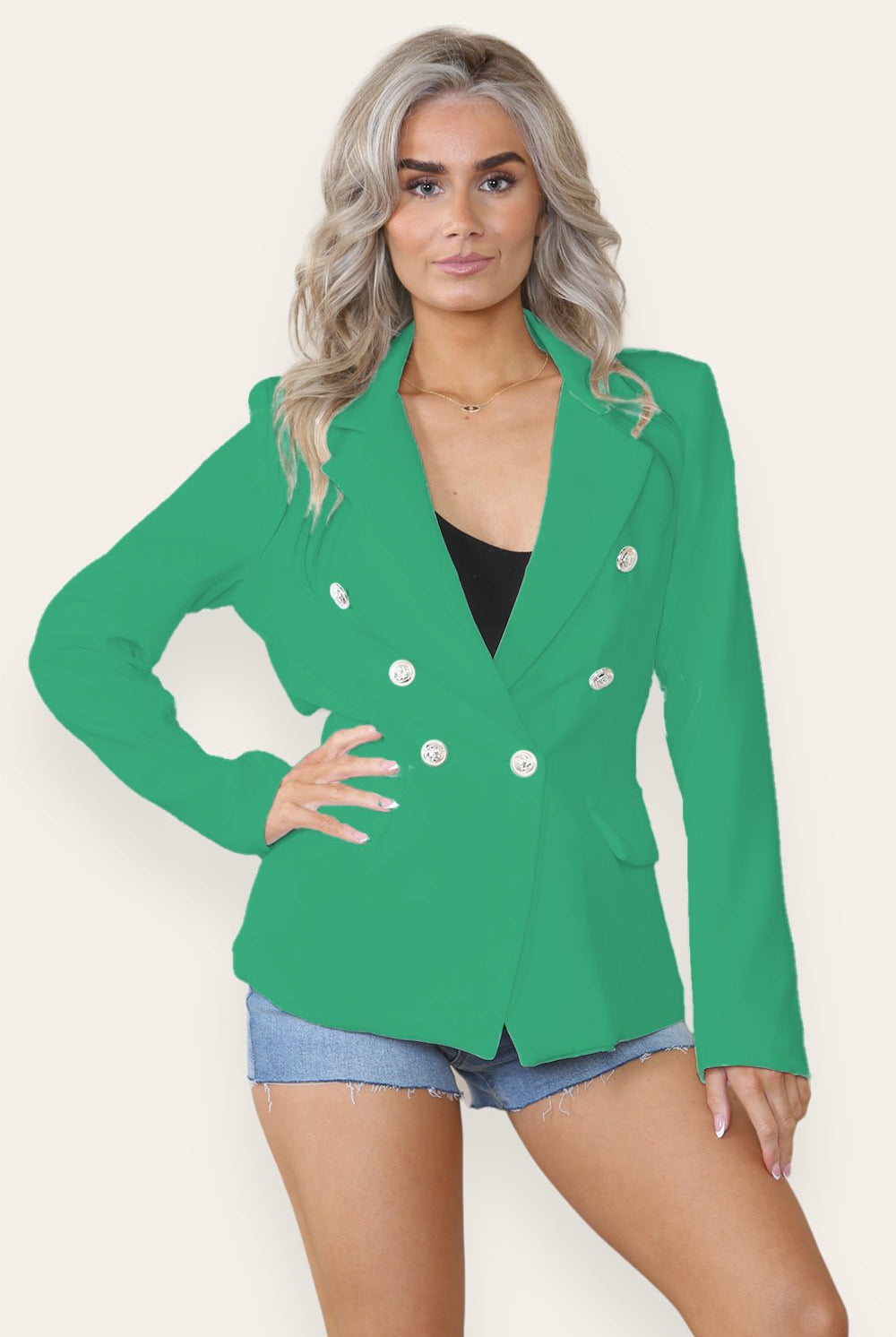 Fitted Lined Double Gold Button Collared Blazer Jacket Jackets & Coats WearAll Jade Green Small