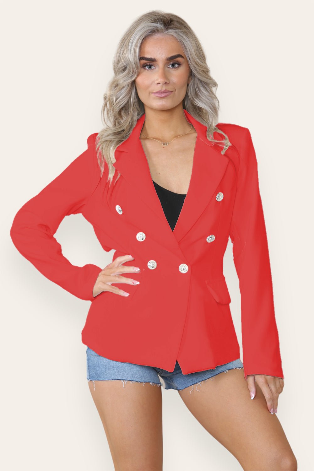 Fitted Lined Double Gold Button Collared Blazer Jacket Jackets & Coats WearAll Red Small