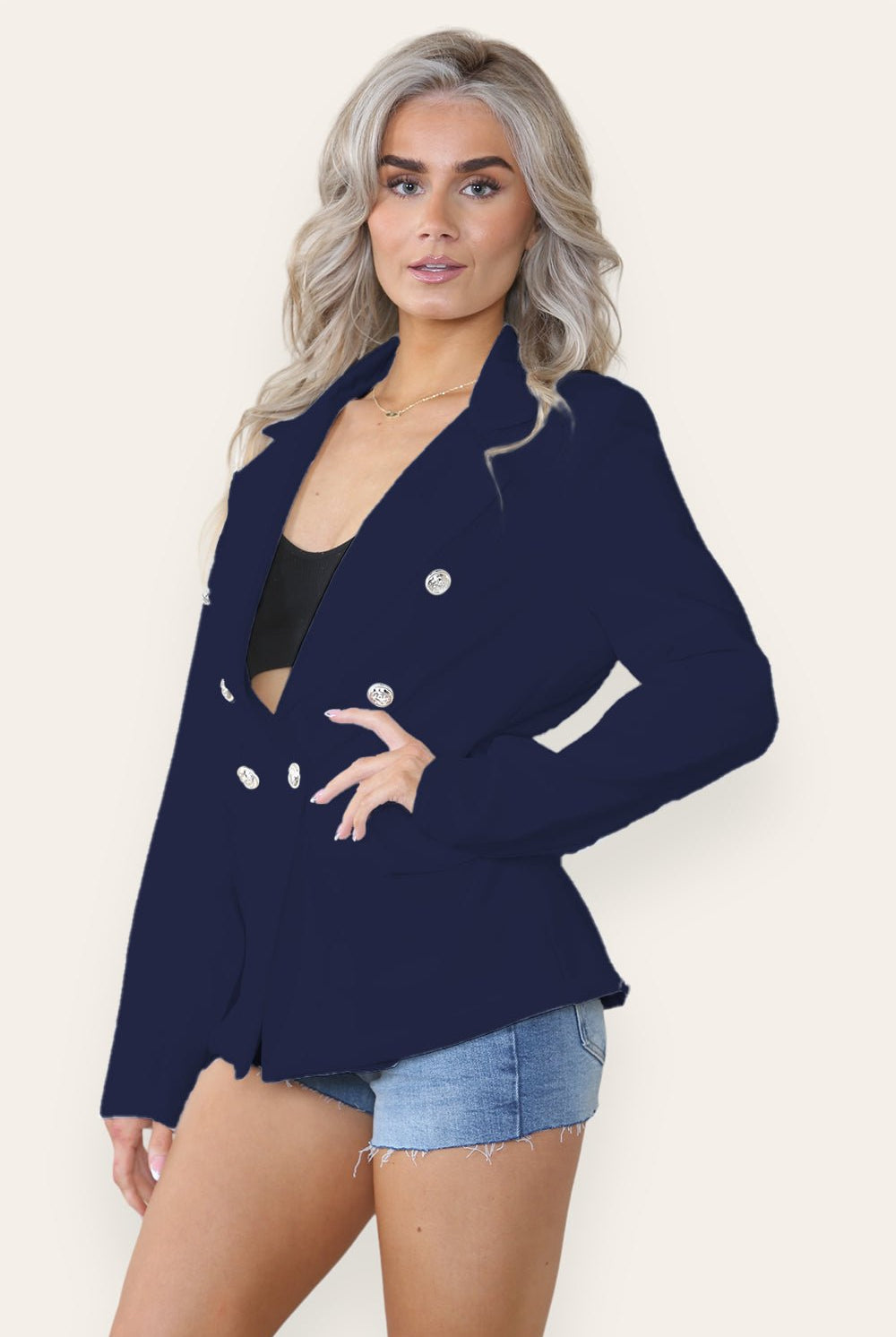 Fitted Lined Double Gold Button Collared Blazer Jacket Jackets & Coats WearAll Navy Blue Small