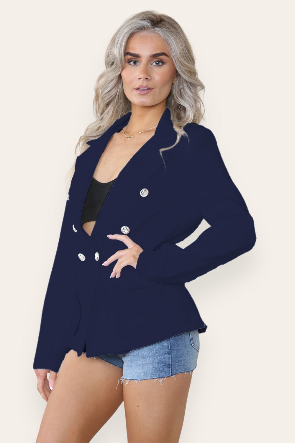 Fitted Lined Double Gold Button Collared Blazer Jacket Jackets & Coats WearAll Navy Blue Small