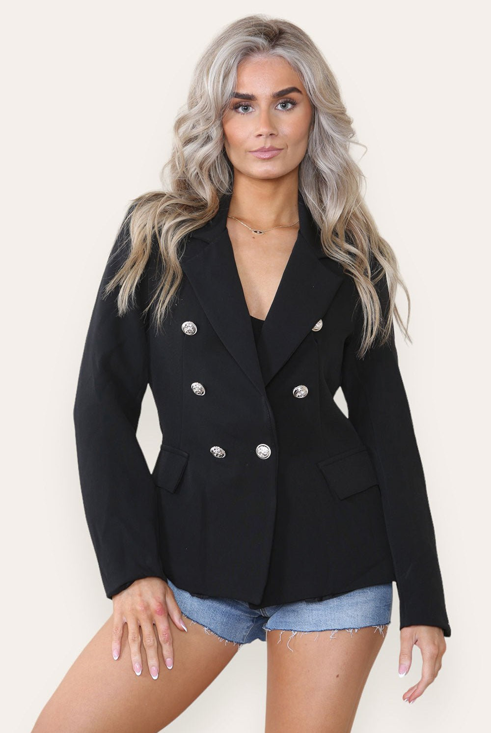 Fitted Lined Double Gold Button Collared Blazer Jacket Jackets & Coats WearAll Black Small