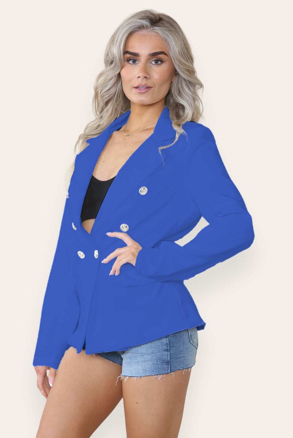 Fitted Lined Double Gold Button Collared Blazer Jacket Jackets & Coats WearAll Royal Blue Small