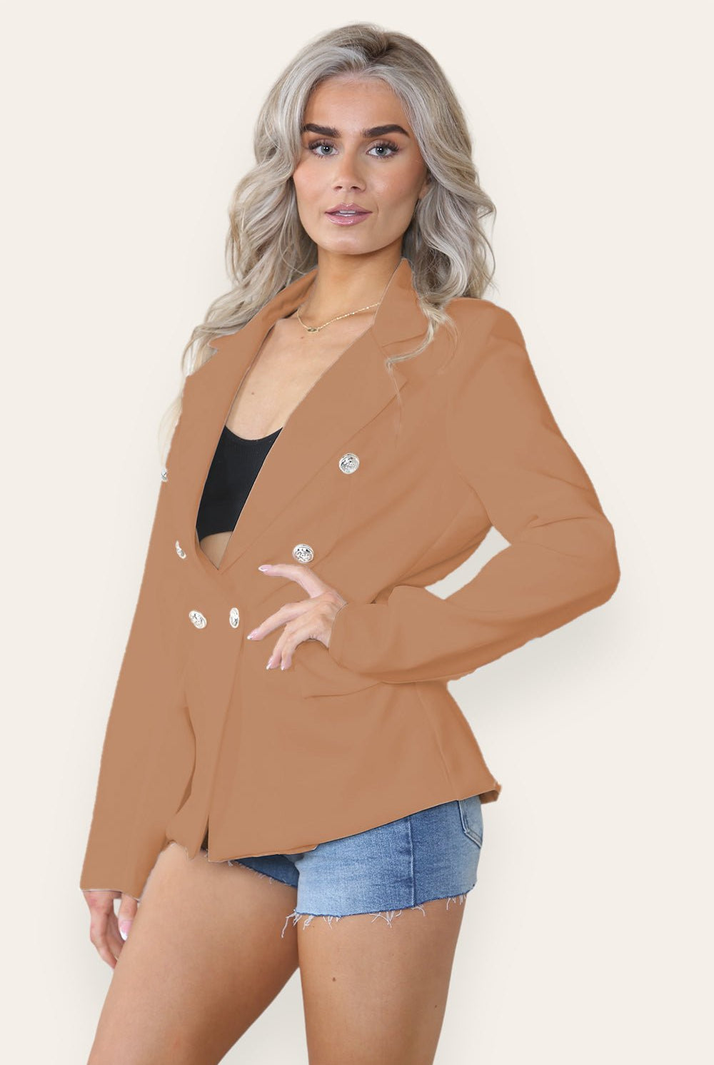 Fitted Lined Double Gold Button Collared Blazer Jacket Jackets & Coats WearAll Camel Small